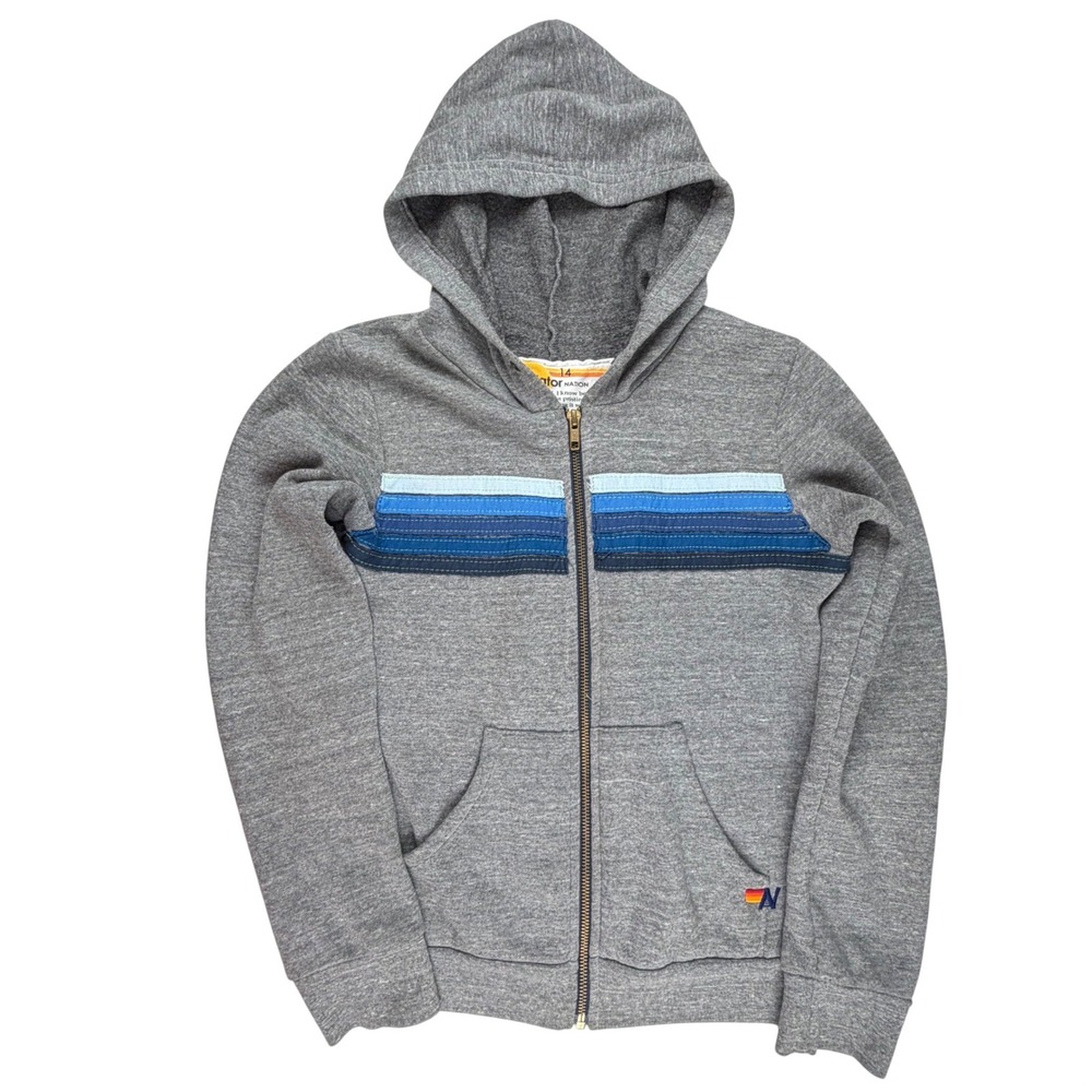 Aviator Nation Kids Gray Blue Stripe Zip Up Hoodie Size 14 Long Sleeve USA Made